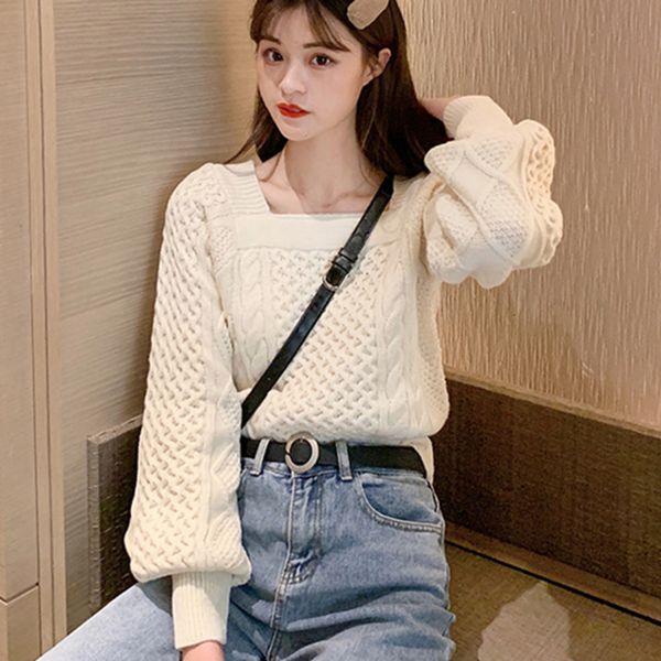 sweater autumn winter women pullover vintage square collar knitted korean fashion pull femme jumper p8e0, White;black
sweater autumn winter women pullover vintage square collar knitted korean fashion pull femme jumper p8e0, White;black
