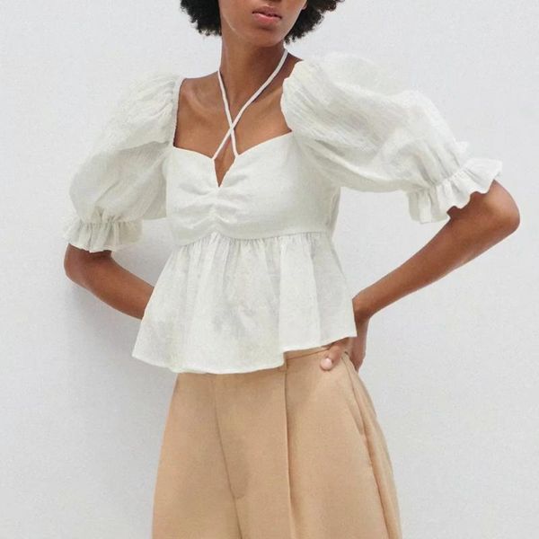 women's blouses & shirts 2021 white peplum women summer tied bow v-neck short puff sleeve casual blouse fashion ruffle hem elegant fem
women's blouses & shirts 2021 white peplum women summer tied bow v-neck short puff sleeve casual blouse fashion ruffle hem elegant fem
