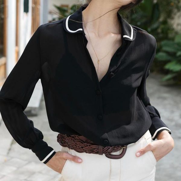 women's blouses & shirts 100% silk women shirt casual black long sleeve blouse see trough top, White
women's blouses & shirts 100% silk women shirt casual black long sleeve blouse see trough top, White