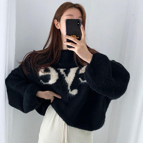 women's sweaters oversized pullovers korean chic round neck letter print contrast loose long sleeve pullover knitted sweater women, White;black
women's sweaters oversized pullovers korean chic round neck letter print contrast loose long sleeve pullover knitted sweater women, White;black