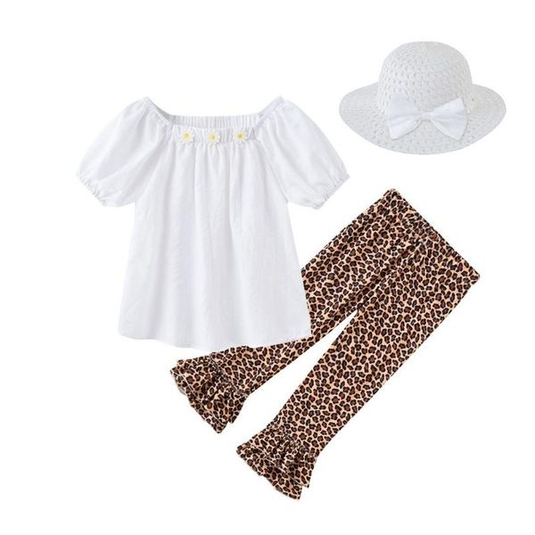spring/summer girls baby shirt flare pants european and american short sleeve leopard print flower leggings with hat clothing sets, White
spring/summer girls baby shirt flare pants european and american short sleeve leopard print flower leggings with hat clothing sets, White