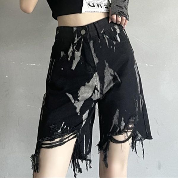 women's shorts 2021 summer tie dye high waist tassel hole irregular fashion trend street five point jeans, White;black
women's shorts 2021 summer tie dye high waist tassel hole irregular fashion trend street five point jeans, White;black