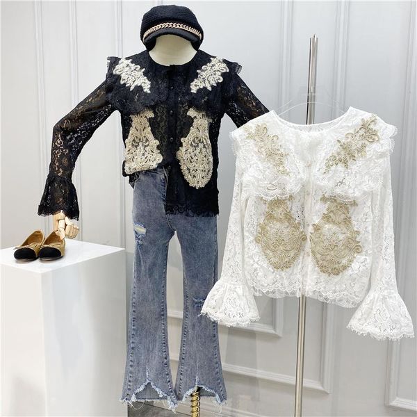 women's blouses & shirts 2021 spring temperament eyelash lace trumpet sleeve hollow hook flower sweet big lapel shirt women 0229, White
women's blouses & shirts 2021 spring temperament eyelash lace trumpet sleeve hollow hook flower sweet big lapel shirt women 0229, White