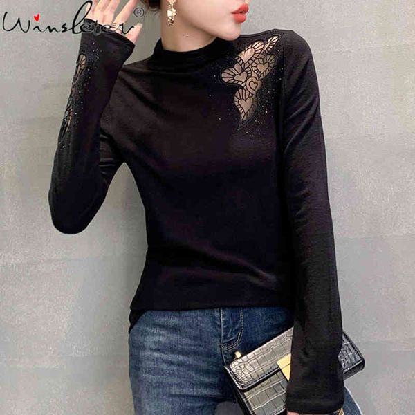 women's t-shirt fall winter mock neck korean style t-shirt fashion hollow out patchwork dimaonds cotton women ropa mujer, White