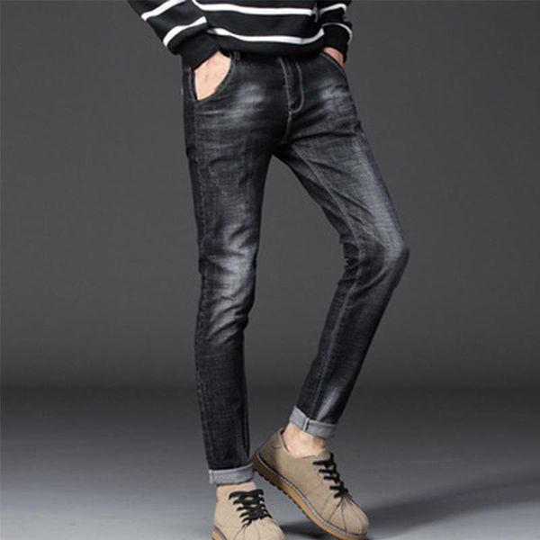 men's jeans slim fit feet elastic frayed fashion trousers, Blue