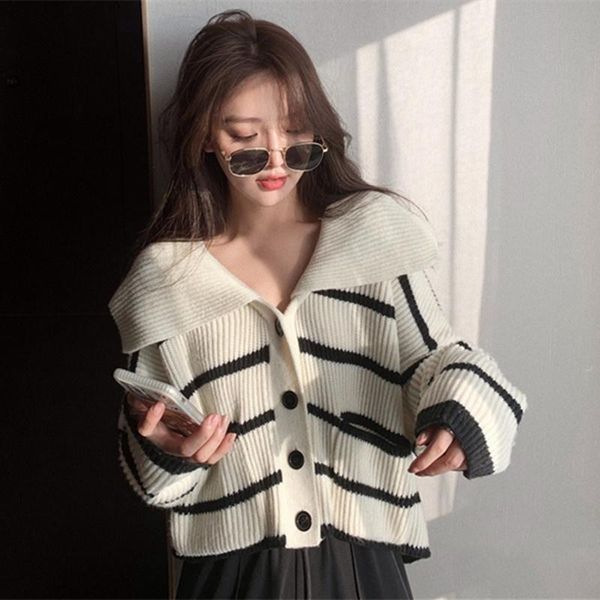 women's knits & tees fall lapel contrast color striped sweater casual single-breasted knitted cardigan temperament em*, White
women's knits & tees fall lapel contrast color striped sweater casual single-breasted knitted cardigan temperament em*, White