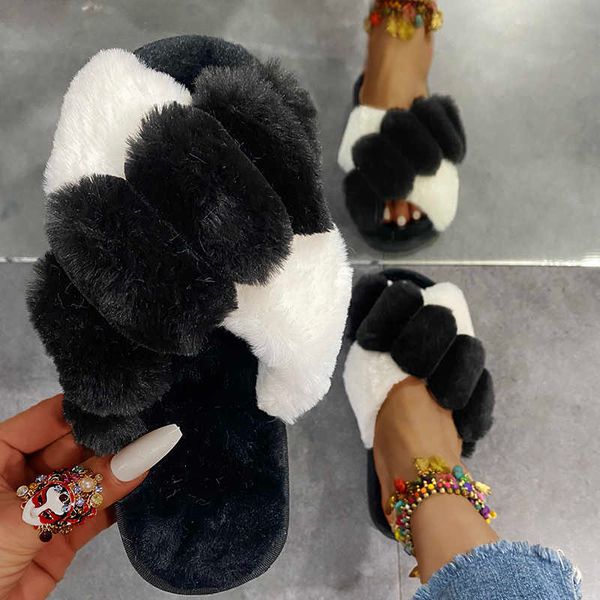 2021 winter new color block cross strap women fluffy slippers fashion soft faux fur warm flat shoes home ladies fur slippers y0902, Black
2021 winter new color block cross strap women fluffy slippers fashion soft faux fur warm flat shoes home ladies fur slippers y0902, Black