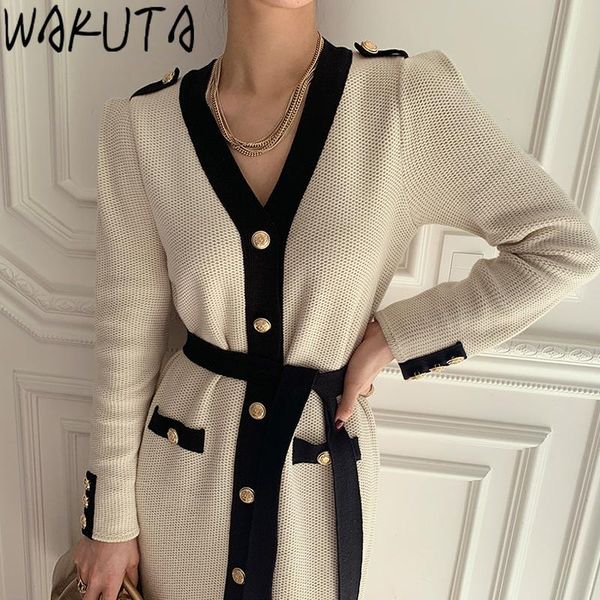 casual dresses wakuta ladies fashion knitted long dress elegant color-hit buttons bodycon robe chic lace up slim waist v neck ol autumn, Black;gray
casual dresses wakuta ladies fashion knitted long dress elegant color-hit buttons bodycon robe chic lace up slim waist v neck ol autumn, Black;gray