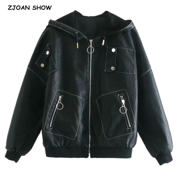 safari women spliced hooded faux leather pu jacket double pockets loose zipper casual coat 210429, White
safari women spliced hooded faux leather pu jacket double pockets loose zipper casual coat 210429, White