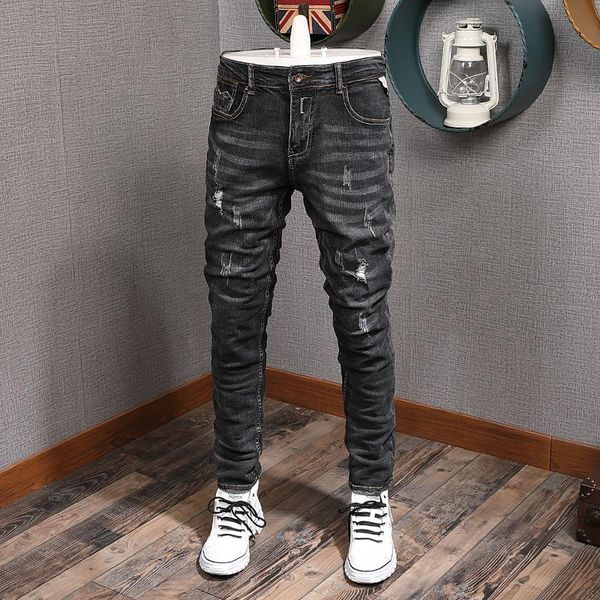 men's jeans european vintage fashion men retro black gray elastic slim ripped distressed designer cotton denim punk pants, Blue
men's jeans european vintage fashion men retro black gray elastic slim ripped distressed designer cotton denim punk pants, Blue