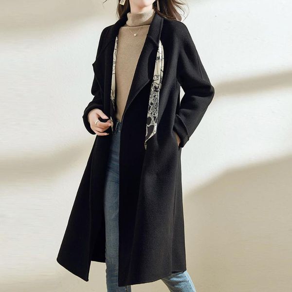 women's wool & blends fashion women cashmere overcoat long sleeve solid casual cardigan lapel warming autumn winter coat for female lad, Black
women's wool & blends fashion women cashmere overcoat long sleeve solid casual cardigan lapel warming autumn winter coat for female lad, Black