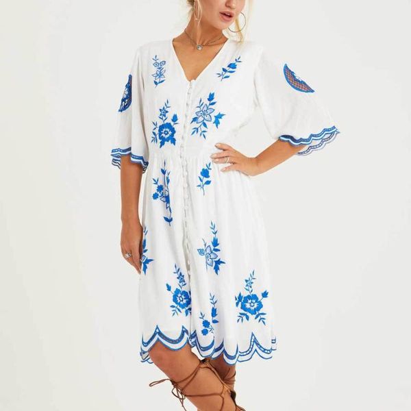 casual dresses bohemian summer dress 2021 vintage blue embroidery women short sleeve v-neck button front boho long cotton vestidos, Black;gray
casual dresses bohemian summer dress 2021 vintage blue embroidery women short sleeve v-neck button front boho long cotton vestidos, Black;gray