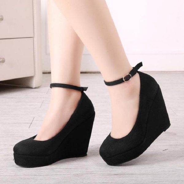 dress shoes spring and autumn fashion waterproof platform slope with solid color simple one-word buckle high-heeled ladies single shoes., Black
dress shoes spring and autumn fashion waterproof platform slope with solid color simple one-word buckle high-heeled ladies single shoes., Black