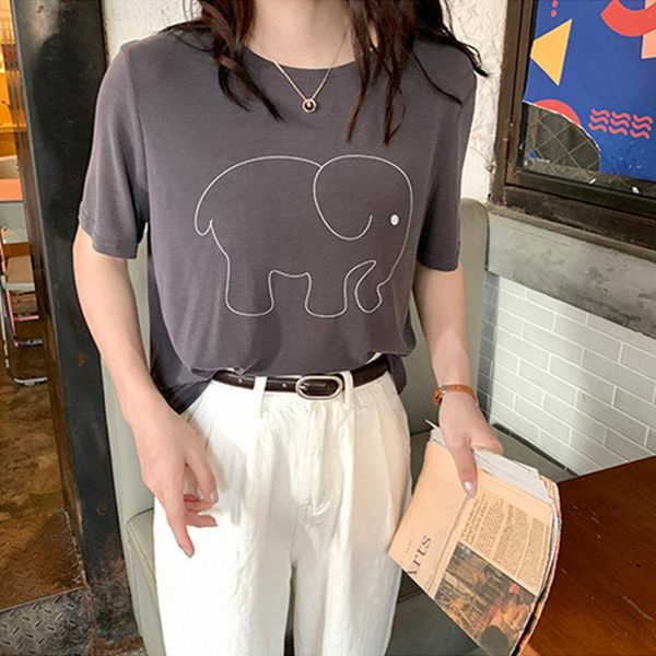 summer s polyester short sleeves women t-shirt round collar elephant printing loose casual women's, White 
summer s polyester short sleeves women t-shirt round collar elephant printing loose casual women's, White