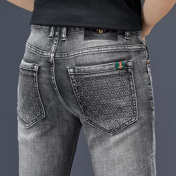 men's jeans fashion autumn cotton slim elastic bee brand business pants trousers classic style denim male gray color, Blue
men's jeans fashion autumn cotton slim elastic bee brand business pants trousers classic style denim male gray color, Blue