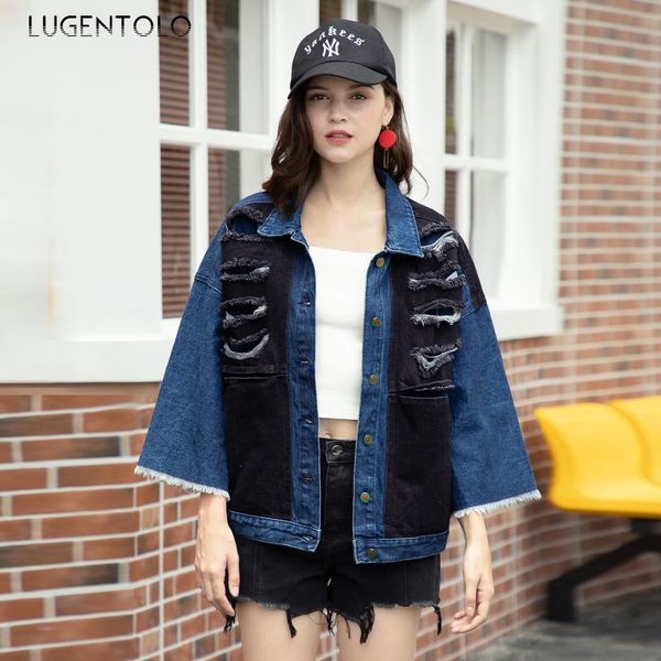 women's jackets lugentolo denim jacket women 2021 loose wild bat sleeves patchwork pattern pockets hole turn-down collar single breaste, Black;brown
women's jackets lugentolo denim jacket women 2021 loose wild bat sleeves patchwork pattern pockets hole turn-down collar single breaste, Black;brown