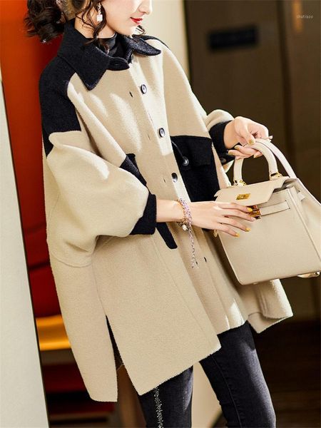 women's wool & blends 2021 autumn winter woolen coat loose oversized bat sleeve pockets beige splice ladies sape overcoat e180, Black
women's wool & blends 2021 autumn winter woolen coat loose oversized bat sleeve pockets beige splice ladies sape overcoat e180, Black