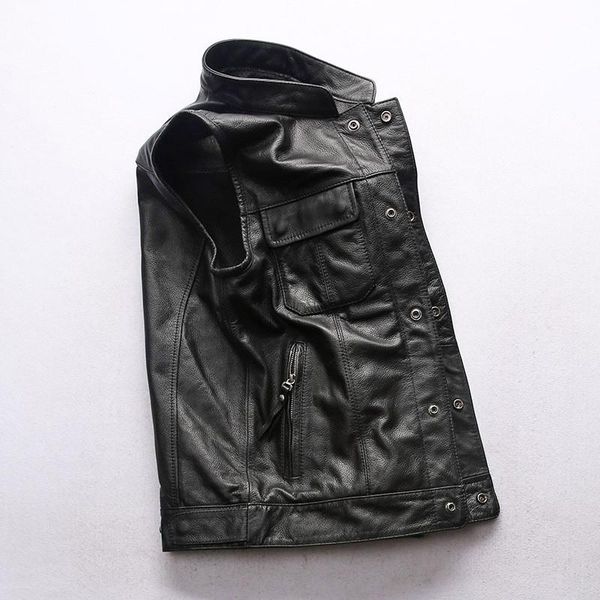 men cowhide natural leather vest stand collar motorcycle biker genuine sleeveless jacket pockets waistcoat men's vests, Black;white 
men cowhide natural leather vest stand collar motorcycle biker genuine sleeveless jacket pockets waistcoat men's vests, Black;white
