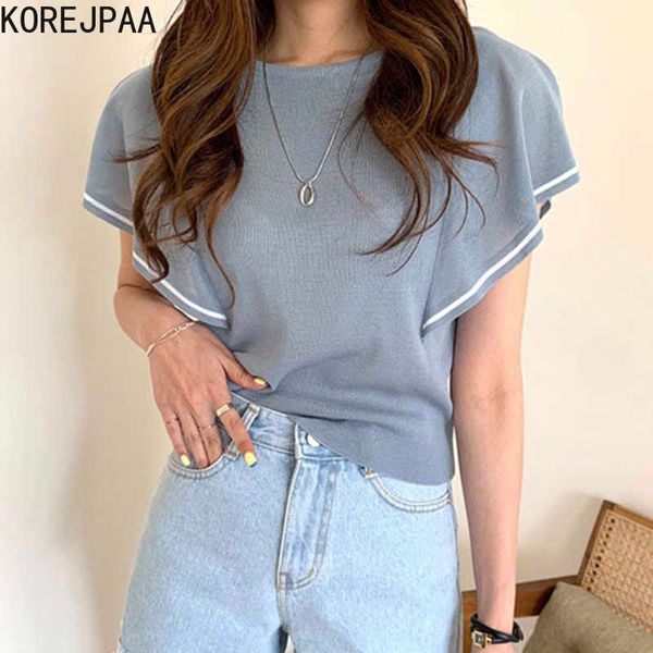 korejpaa women t-shirt summer korean chic temperament round neck ruffled flying sleeves color matching slim-fit sweater 210526, White
korejpaa women t-shirt summer korean chic temperament round neck ruffled flying sleeves color matching slim-fit sweater 210526, White