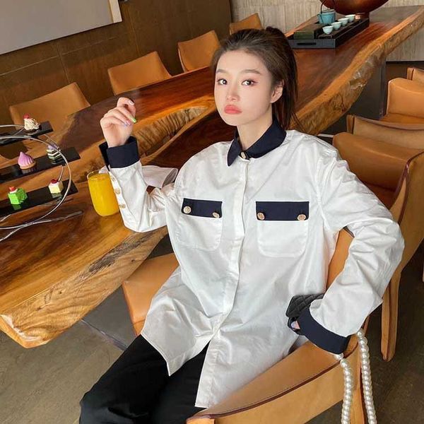 european navy blue contrast stitching lapel casual long sleeve women's fall 21 new design metal button shirt, White
european navy blue contrast stitching lapel casual long sleeve women's fall 21 new design metal button shirt, White