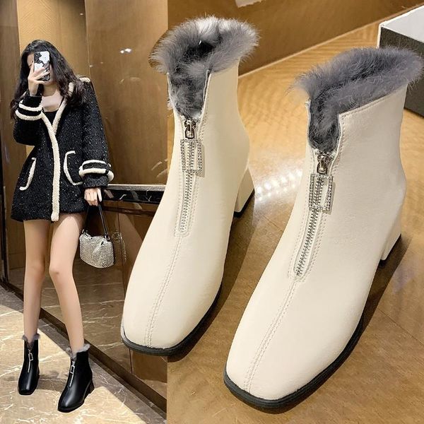 boots fashion glamour plush women's square head thick front zipper in autumn and winter white leather, Black
boots fashion glamour plush women's square head thick front zipper in autumn and winter white leather, Black