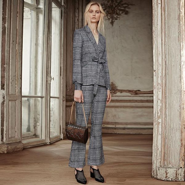 women's suits & blazers women plaid wool long sleeve and pant wih belt, White;black
women's suits & blazers women plaid wool long sleeve and pant wih belt, White;black