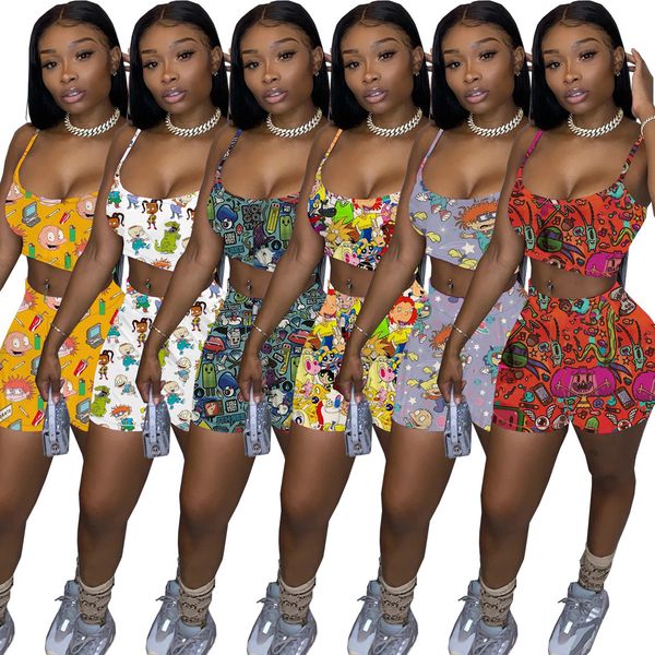 2021 selling suit designer u-neck cartoon printed suspender vest shorts two-piece sets women's fashion casual outfits, White
2021 selling suit designer u-neck cartoon printed suspender vest shorts two-piece sets women's fashion casual outfits, White