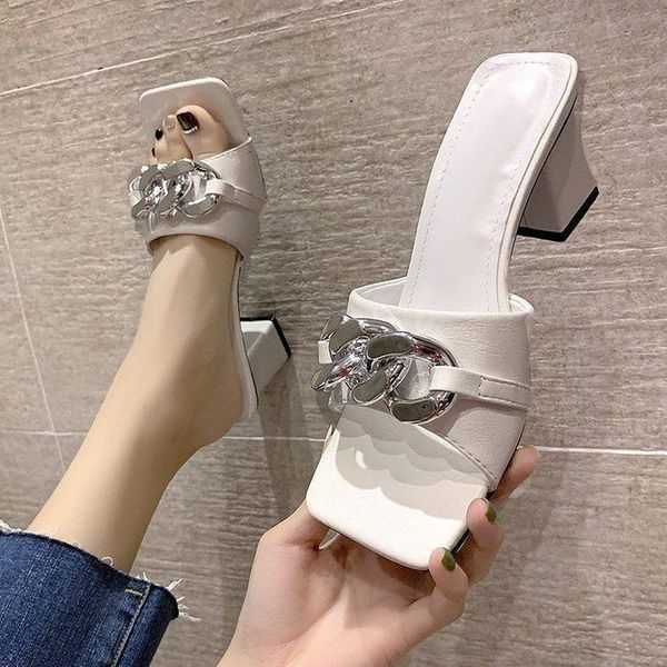 summer elegant women's slippers fashion metal chain decoration high heels mules slides pumps square toe ladies shoes, Black
summer elegant women's slippers fashion metal chain decoration high heels mules slides pumps square toe ladies shoes, Black