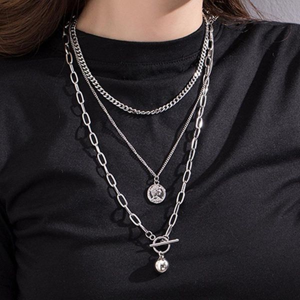 pendant necklaces punk necklace ins cold wind harajuku hip hop 3-layer beauty head coin metal ball street shooting sweater chain, Silver 
pendant necklaces punk necklace ins cold wind harajuku hip hop 3-layer beauty head coin metal ball street shooting sweater chain, Silver