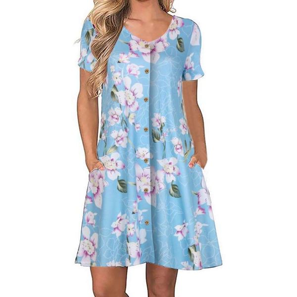 printed round neck cardigan short sleeve casual dress women's pocket, Black;gray