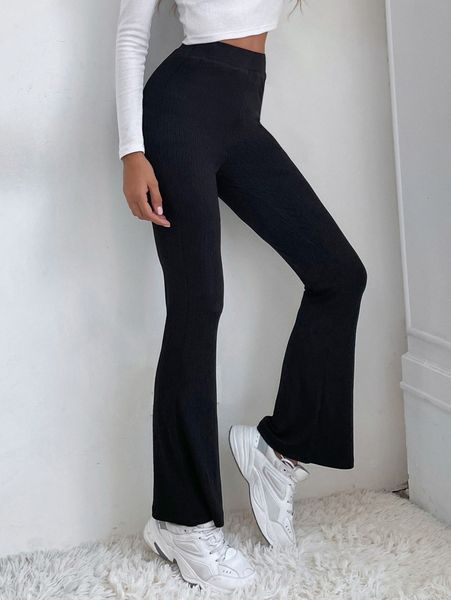 high waist solid flare leg pants 09x8#, Black;white