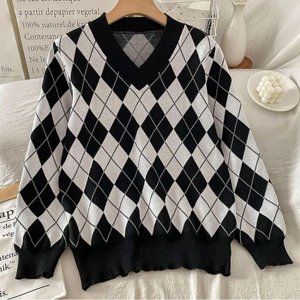 women's sweaters high street fashion argyle plaid casual loose sweater pullover women long sleeve knitted jumper pull femme, White;black
women's sweaters high street fashion argyle plaid casual loose sweater pullover women long sleeve knitted jumper pull femme, White;black