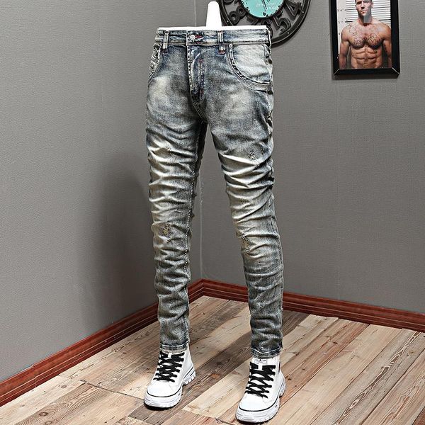 men's jeans italian style fashion men distressed retro elastic slim fit ripped patchwork vintage designer casual denim pants, Blue
men's jeans italian style fashion men distressed retro elastic slim fit ripped patchwork vintage designer casual denim pants, Blue