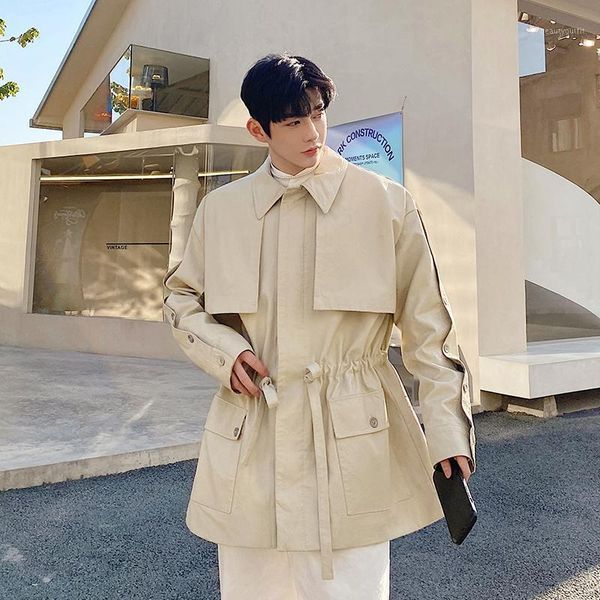 man long jacket outerwear men's detachable sleeve drawstring korean style vintage washed leather trench coat cloak windbreaker coats, Tan;black 
man long jacket outerwear men's detachable sleeve drawstring korean style vintage washed leather trench coat cloak windbreaker coats, Tan;black