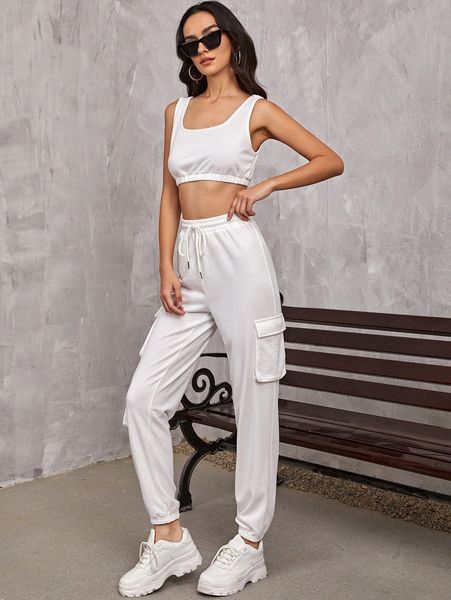 solid crop & drawstring waist sweatpants set 91lt#, White 
solid crop & drawstring waist sweatpants set 91lt#, White