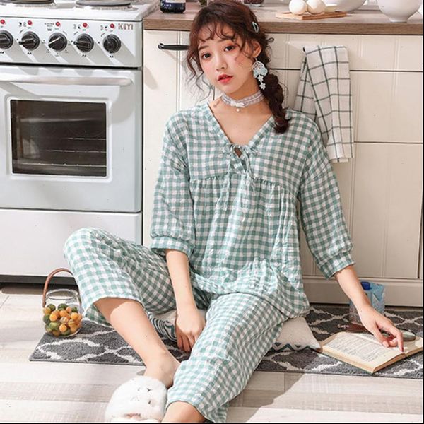 pajamas set student women sleepwear plaid summer cotton pyjama long shirt pants 2piece home mom fashion clothes, Black;red
pajamas set student women sleepwear plaid summer cotton pyjama long shirt pants 2piece home mom fashion clothes, Black;red