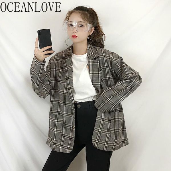women's suits & blazers oceanlove 2021 autumn vintage loose women single button plaid korean blazer feminino thin fashion mujer 12624, White;black
women's suits & blazers oceanlove 2021 autumn vintage loose women single button plaid korean blazer feminino thin fashion mujer 12624, White;black