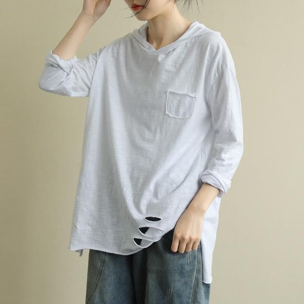 women t-shirt spring summer retro casual loose 2021 hooded pocket hole vintage all-match pullovers women's, White
women t-shirt spring summer retro casual loose 2021 hooded pocket hole vintage all-match pullovers women's, White