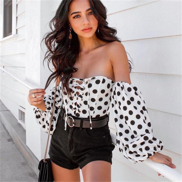 

women's jumpsuits & rompers fashion women body strapless off shoulder bodysuit elegant long sleeve polka dot party club ladies leot, Black;white