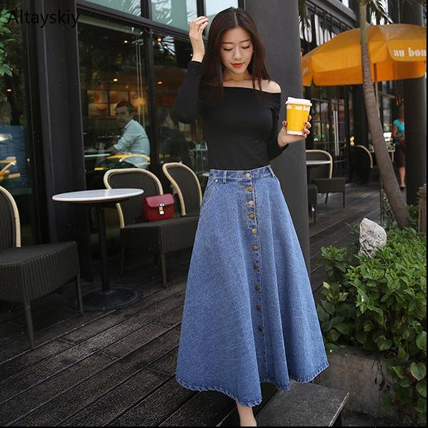 long solid denim womens skirt a line button high waist mid calf casual simple korean style elegant ladies chic, Black
long solid denim womens skirt a line button high waist mid calf casual simple korean style elegant ladies chic, Black