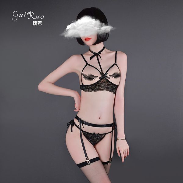 women's underwear guiruo dew temptation open file passion tease bowknot three point uniform set 818, White;black
women's underwear guiruo dew temptation open file passion tease bowknot three point uniform set 818, White;black