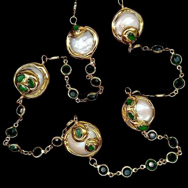 y·ying cultured white coin pearl green crystal chain long necklace 32", Silver
y·ying cultured white coin pearl green crystal chain long necklace 32", Silver