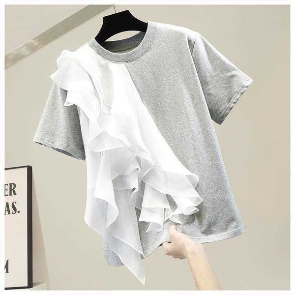 fashionable ruffle patchwork contrast pullover o neck short sleeve t-shirt spring slim 210615, White
fashionable ruffle patchwork contrast pullover o neck short sleeve t-shirt spring slim 210615, White