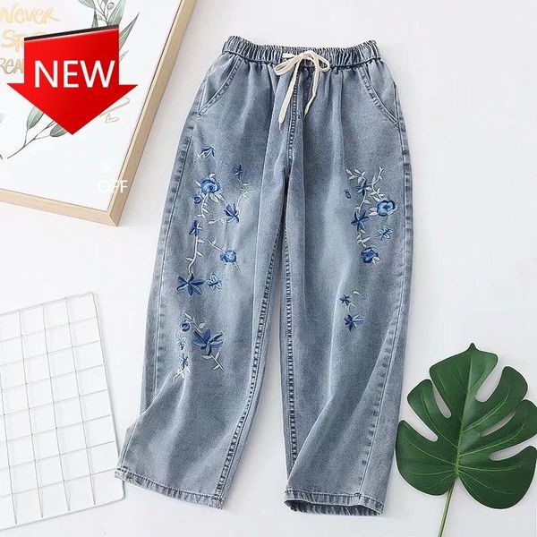 women's jeans spring and summer ethnic style flower embroidered elastic waist thin denim (ankle-length pants) one piece drop, Blue
women's jeans spring and summer ethnic style flower embroidered elastic waist thin denim (ankle-length pants) one piece drop, Blue