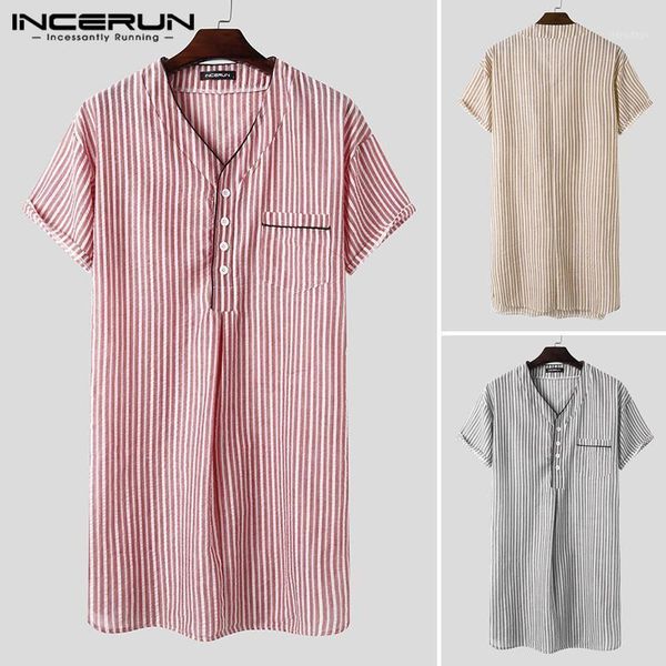 men's sleepwear incerun mens cotton leisure striped homewear summer short sleeve v neck nightgown breathable night dress shirts s-5xl, Black;brown 
men's sleepwear incerun mens cotton leisure striped homewear summer short sleeve v neck nightgown breathable night dress shirts s-5xl, Black;brown
