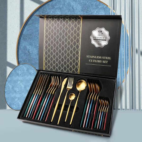 dinnerware sets 24pcs cutlery set gift box stainless steel tableware knife fork spoon kitchen silverware dishwasher safe