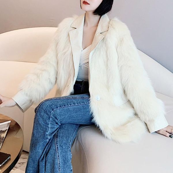 women's fur & faux 2021 blazer autumn winter imitation mid-length coat stitching leather coats s female outerwear, Black
women's fur & faux 2021 blazer autumn winter imitation mid-length coat stitching leather coats s female outerwear, Black