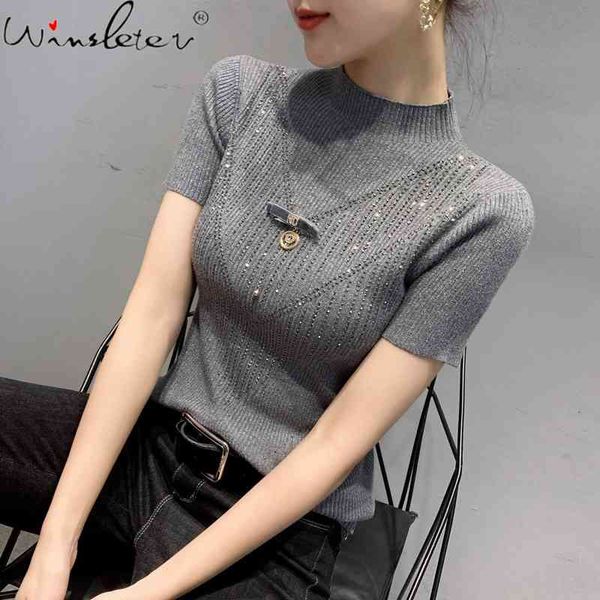 women's t-shirt summer european clothes shiny knit women turtleneck diamonds tshirt female casual fashion short sleeve tees t, White
women's t-shirt summer european clothes shiny knit women turtleneck diamonds tshirt female casual fashion short sleeve tees t, White