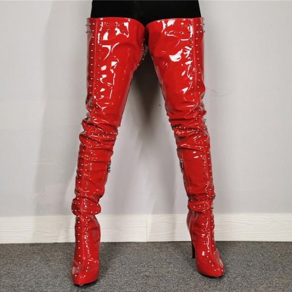 boots mirror skintight rivets patent leather upper women over knee high thigh side half-zip for big size 47, Black
boots mirror skintight rivets patent leather upper women over knee high thigh side half-zip for big size 47, Black