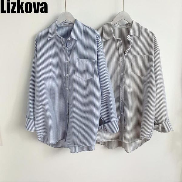 women's blouses & shirts lizkova 2021 striped women oversized chemise femme korean official pocket blusas elegantes 7803, White 
women's blouses & shirts lizkova 2021 striped women oversized chemise femme korean official pocket blusas elegantes 7803, White